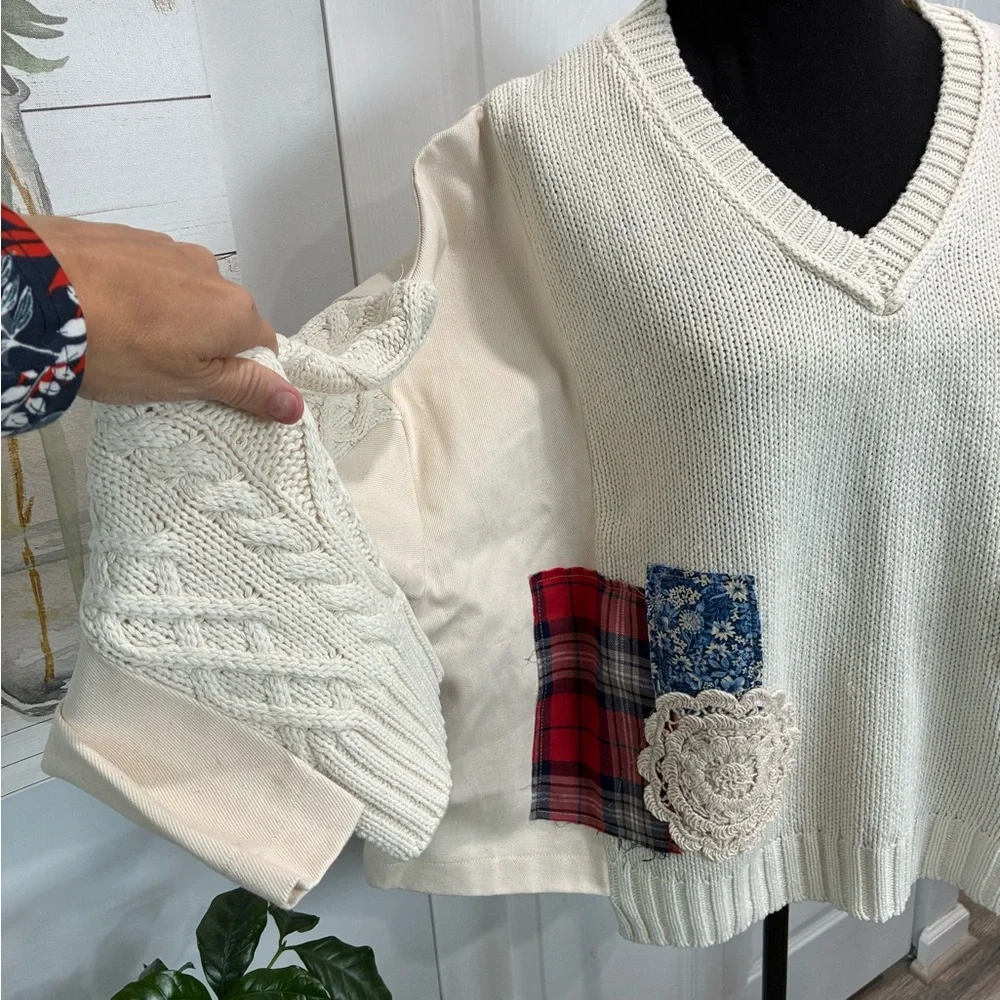 POL Cream V-Neck Sweater with Lace and Denim Accents - Picture 2 of 6